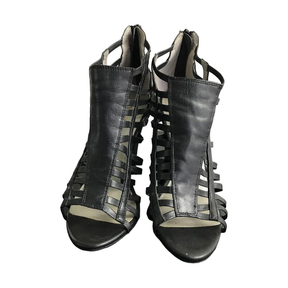 Me Too Women's High Heel Wedge Sandals Black Leather Strapped Back Zip Sz 7.5